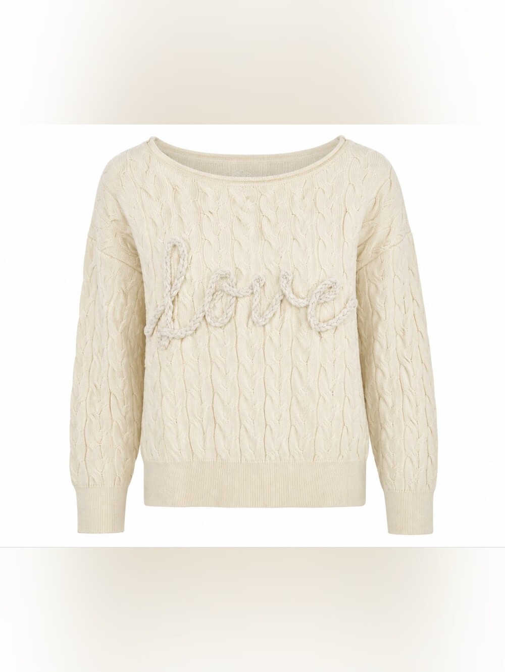 Universal Thread Love Cable Knit Sweater Cream Rope Script NWT S Valentine's Day